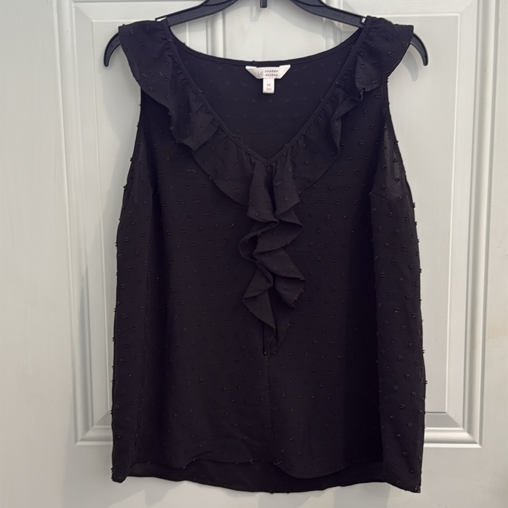 LC Lauren Conrad Black Cascading Front Ruffle V Neck Sleeveless Tank Top Med M